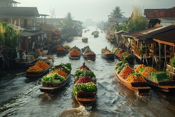 Obraz premium A vibrant Thai floating market with boats filled with fresh produce, spices, and handcrafted goods, and a bustling crowd of locals and tourists.