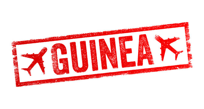 Guinea - is a coastal country in West Africa, text emblem stamp with airplane