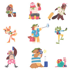 Cartoon animal tourists. Cute tourist child animal with suitcase phone camera map or bag, funny travel characters luggage in summer vacation, travelling classy vector illustration