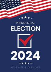 USA 2024 Presidential Election background with American flag colors design. Election event banner, card, poster, template, voting communication, background. Vote day, November 5. Vector illustration.