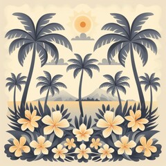 Vintage Hawaiian Palm Trees and Flowers