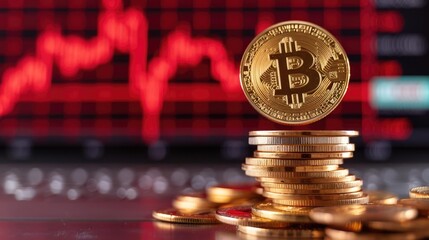 Stack of gold coins falling over with red stock market chart in background, symbolizing economic downturn, bear market effects, dramatic composition