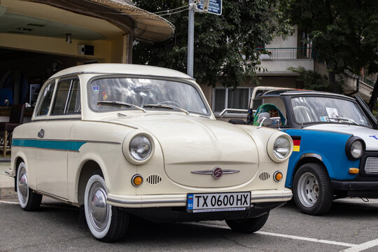 White retro Trabant on Classic cars event in Pomorie, Bulgaria