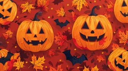 Festive seamless pattern with cartoon pumpkins and bats on a red background with autumn leaves