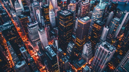 Aerial shot of a bustling cityscape at dusk: skyscrapers, shadows, vibrant city lights, dynamic urban energy.