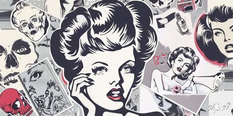 Cool vintage 50s girly coquette goth cartoon set collage with a negative grunge photocopy effect . Rough brutal elements vintage design collage for t-shirt