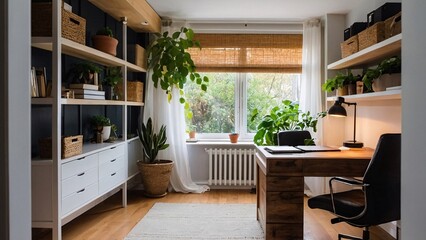 Fototapeta premium Elegant and cozy small home office design with natural light and plants, minimalism and laconic, warm colors and sunlight. Generative AI.