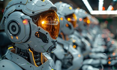 Fototapeta premium A row of robots in a call center works as operators, answering customer calls.