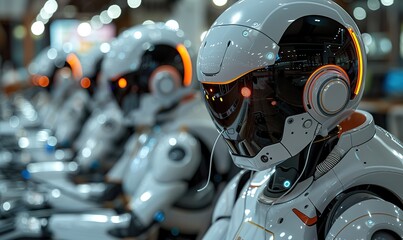 Fototapeta premium A row of robots in a call center works as operators, answering customer calls.