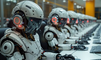 Fototapeta premium A row of robots in a call center works as operators, answering customer calls.