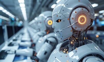 Fototapeta premium A row of robots in a call center works as operators, answering customer calls.