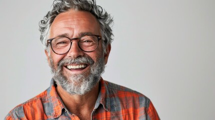 Obraz premium Portrait of a Bearded Man Smiling Wearing Glasses and an Orange Flannel Shirt