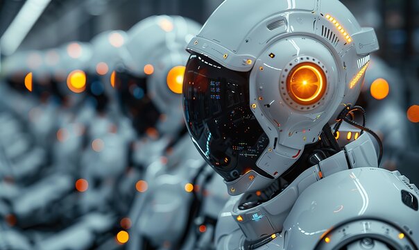 Humanoid robots serve as operators in a dystopian call center.
