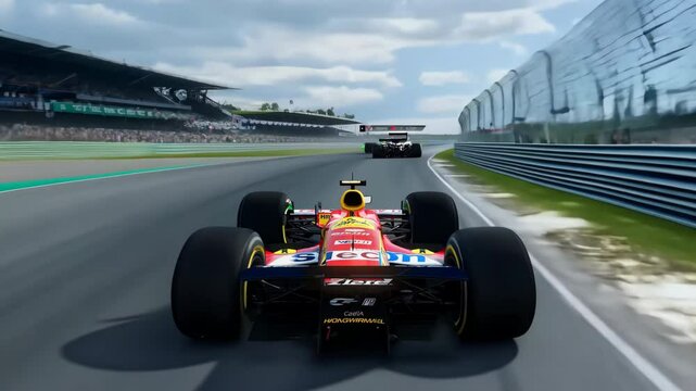 Generic formula one 1 race car chasing the leader. Fast speed drive. Dynamic rear view. Realistic animation. Racing competition or tournament. Computer video game, simulation.