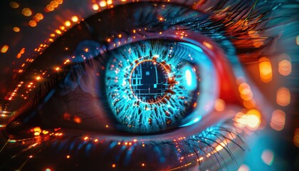 The Optical Biometrics Eye Futuristic Cyberspace Technology Neural Network with Beautiful Colors Scan
