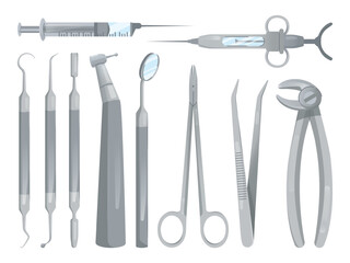 Dentist surgery tools. Dental surgical steel tools, stomatology orthodontic accessories or surgeon teeth operation equipment tweezers pincers, dentistry swanky vector illustration