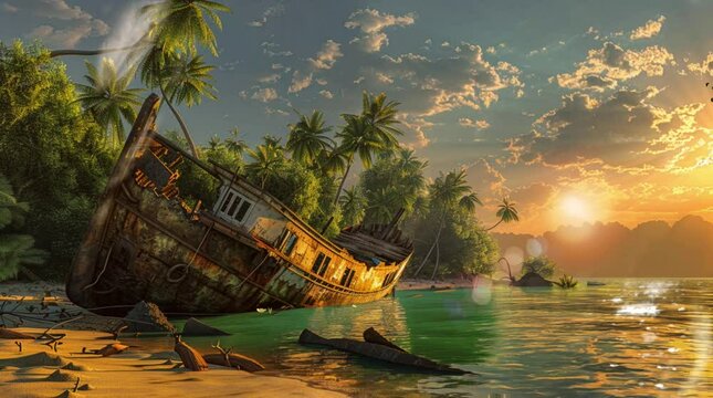 illustration of tropical island with trees and shipwreck on beach at sunset. footage video animation background.