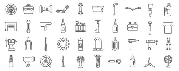 Bicycle repair and maintenance shop icons set. Bicycle workshop tools and equipment for fixing and servicing a bike in thin line style