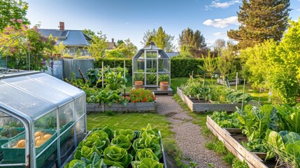 A picturesque backyard with a small greenhouse, raised garden beds filled with vegetables, and a gravel path.