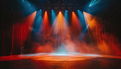 Obraz premium Empty Theater stage with colored spotlights and smoke