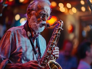 Senior Man Playing Saxophone in Jazz Club Illustrating Retirement Passions