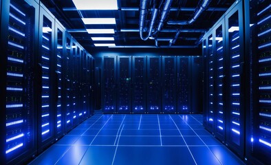 Modern Data Center with Blue LED Lighting