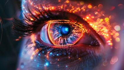 The Optical Biometrics Eye Futuristic Cyberspace Technology Neural Network with Beautiful Colors Scan