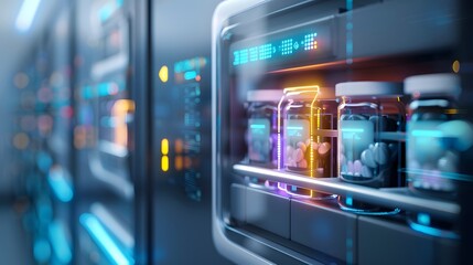 Obraz premium Cutting-Edge Automated Medication Dispenser in a Smart Pharmacy Setting