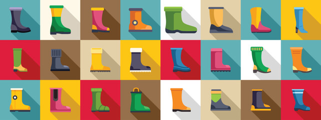 Boots icons set. Collection of colorful rubber and waterproof boots with different kind of protection, perfect for illustrating gardening or working outdoor