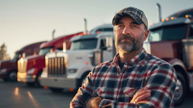 truck driver standing in front of a three trucks
