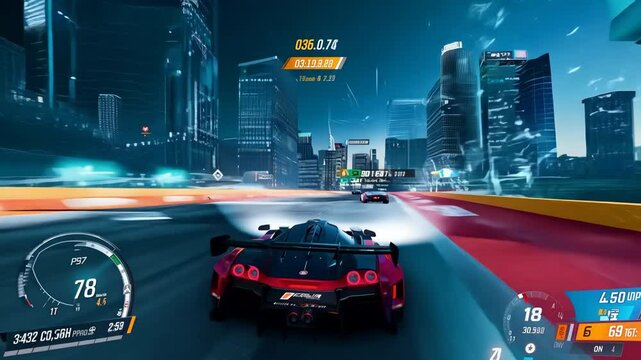 Motion time lapse of speedy rush night drive in big modern neon city with skyscrapers. Road with vehicles and street bright lights timelapse. Fast speed movement. Sport car race tournament, video game