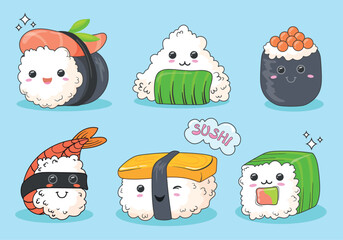 Sushi rolls kawaii characters. Smiling sushis cute funny mascot, seafood roll with rice salmon seaweed sauce smile asian food face comic doodle character, neat vector illustration