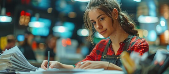 Obraz premium Young Woman Working on Papers in a Busy Restaurant