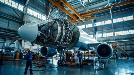 Fototapeta premium Industrial machinery and equipment repair facility with old airplane for transportation technology development