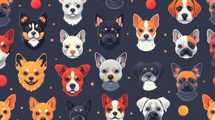 Seamless pattern with various adorable dog breeds on dark background