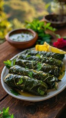 Greek Dolmades Stuffed Grape Leaves on Wooden Table