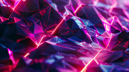 Crystal polygon texture with glowing neon lines around. Bright colors of crystal-shaped polygon. Abstract background. Copy space.
