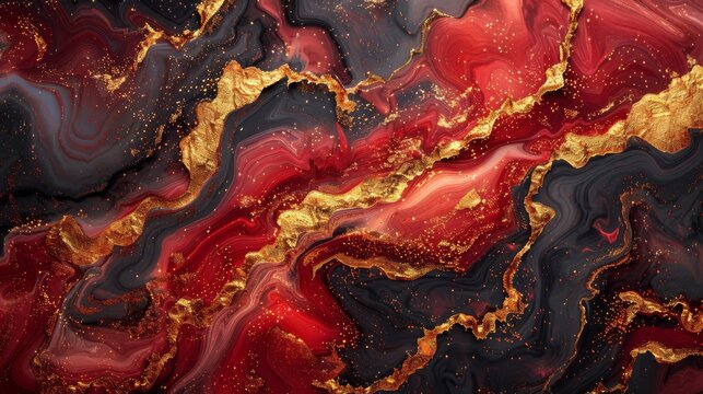 Abstract painting with vibrant red and gold swirls and flecks of gold dust - Powered by Adobe