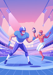 football player with ball Super bowl players versus. American football player. Sportsman with ball in helmet on stadium in action. Sport and motivation