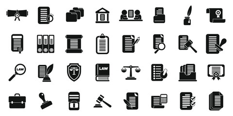 Notary services icons set. Law justice legal document icons set in simple style