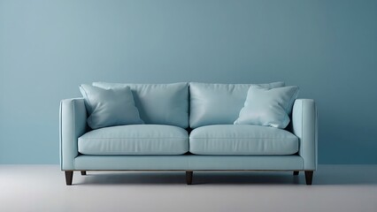 Fototapeta premium Soft pastel light blue sofa on pastel light blue background, 3D render illustration. Modern minimalistic furniture. Generative AI.