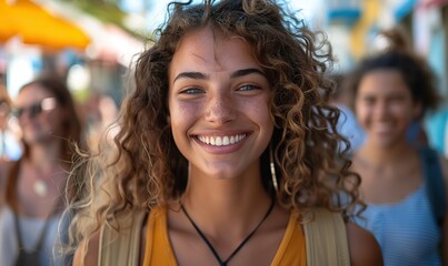 Fototapeta premium Multiracial friends, smiling and laughing, walk together on a sunny city street, enjoying each other's company and the day.