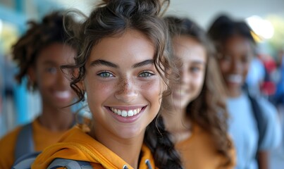 Fototapeta premium Multiracial students go back to school, happy teenagers having fun on a university college campus scholarship concept.