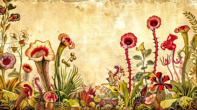 Carnivorous plants growing in lush tropical jungle illustration