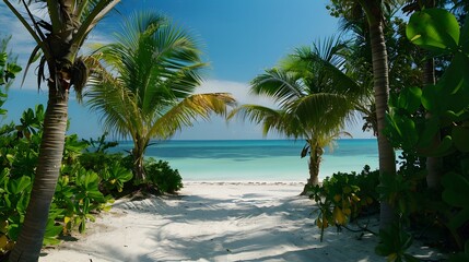 Obraz premium Idyllic tropical beach with turquoise waters, white sand, and lush palm trees, creating a relaxing and exotic atmosphere. 