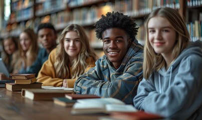 Happy young multiracial university students sit together at a table with books and a laptop, engaged in group study in a high school library.