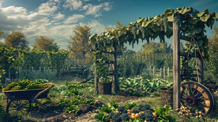 Fototapeta premium A rustic garden with a wooden trellis covered in grapevines, an old-fashioned wheelbarrow, and a vegetable patch.