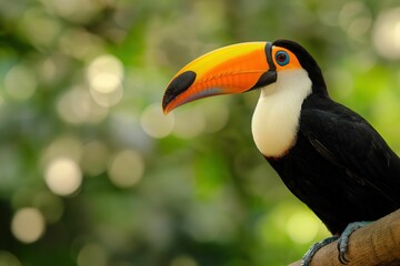 Naklejka premium AI generated illustration of a close-up of a toucan with a vibrant orange beak