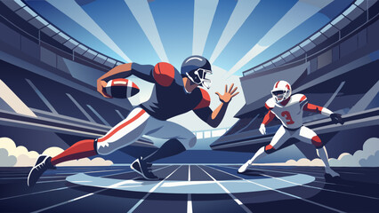 football player with ball Super bowl players versus. American football player. Sportsman with ball in helmet on stadium in action. Sport and motivation
