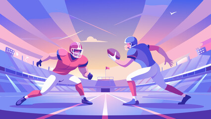 Obraz premium football player with ball Super bowl players versus. American football player. Sportsman with ball in helmet on stadium in action. Sport and motivation